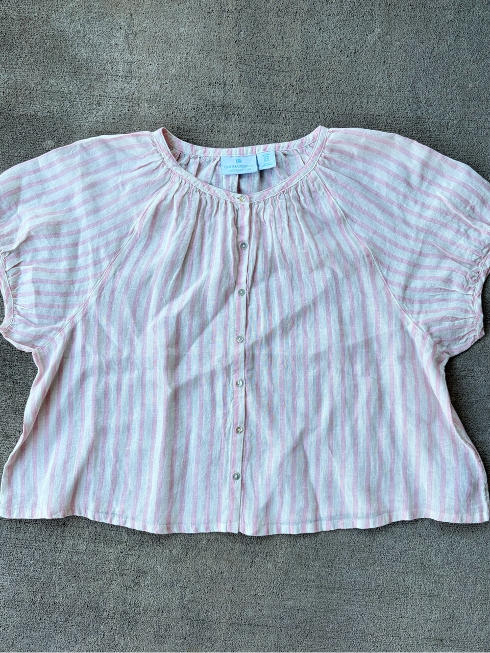 Cynthia Rowley linen pink white striped blouse short sleeve top NWOT